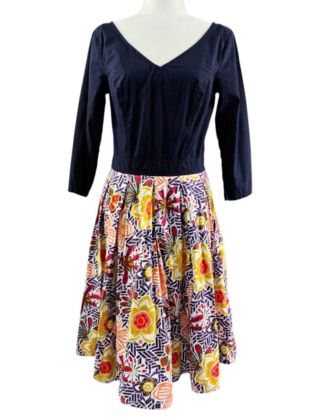 Eshakti 100% Cotton Navy Blue Floral V-Neck Fit and Flare Dress Colorful Party